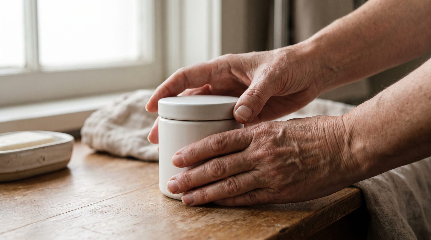 Manos de una mujer madura sosteniendo un tarro de crema sobre la encimera del baño