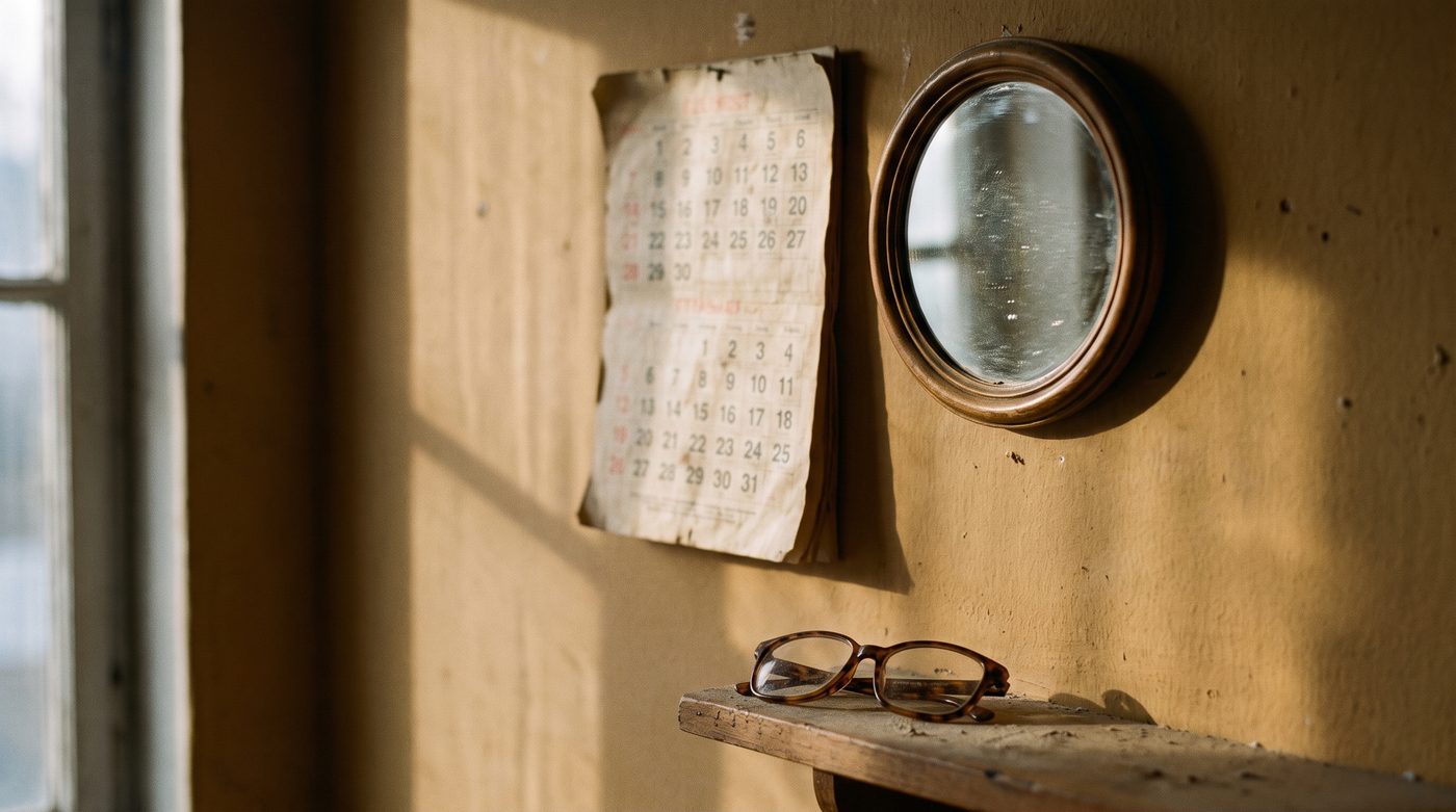 Un calendario de pared y un espejo pequeño con la luz de la tarde