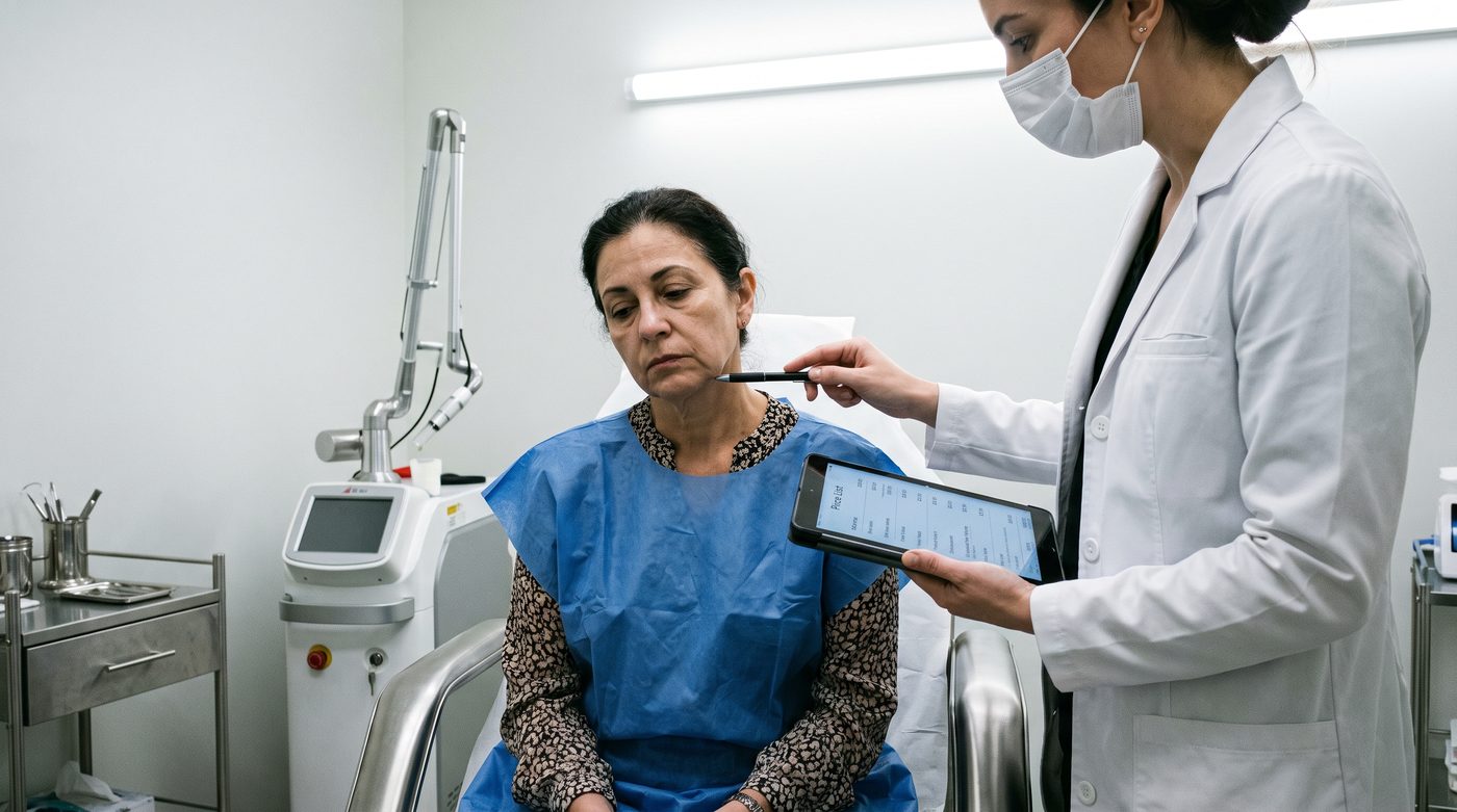 Consulta de medicina estética: la paciente escucha mientras le señalan la mandíbula y le enseñan una tarifa