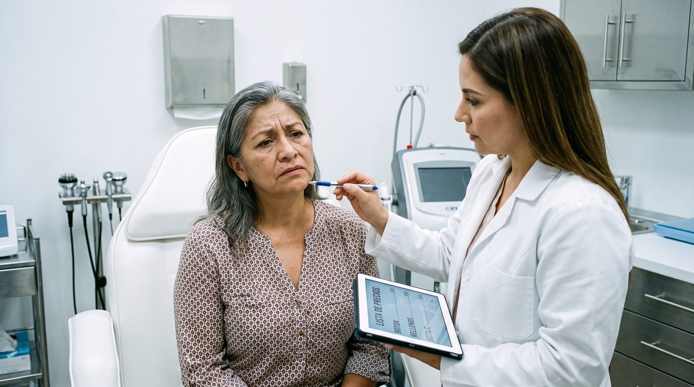 Consulta de medicina estética: la paciente escucha mientras le señalan la mandíbula y le enseñan una tarifa