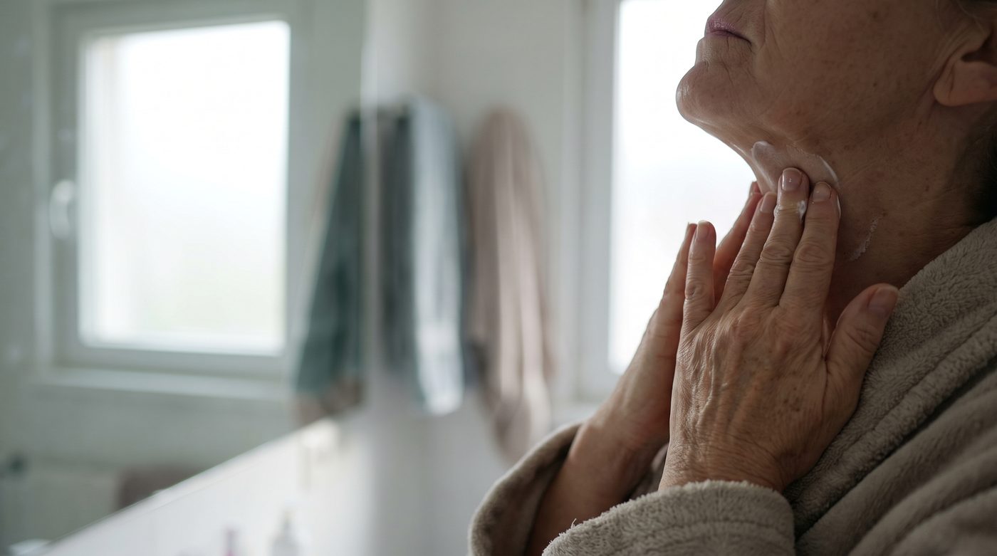 Primer plano de unas manos aplicando crema hacia arriba en el cuello, frente al espejo