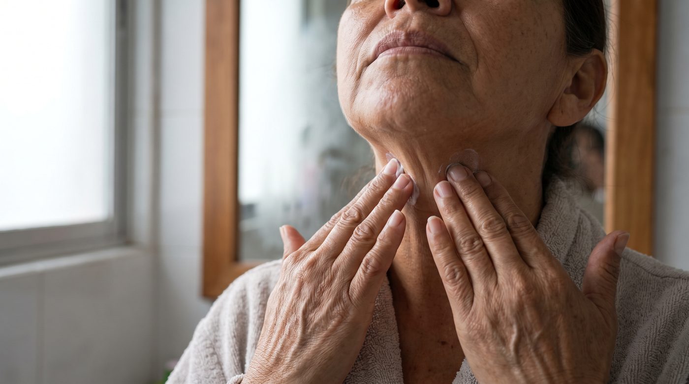 Primer plano de unas manos aplicando crema hacia arriba en el cuello, frente al espejo