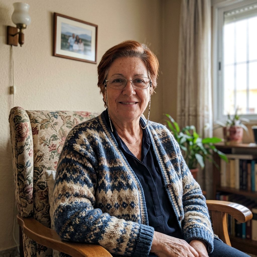 Retrato casero de una mujer de unos 61 años en el salón de su casa