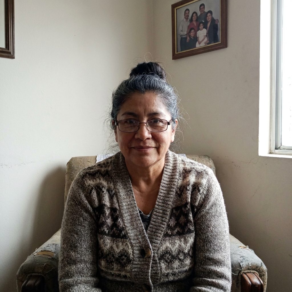 Retrato casero de una mujer de unos 61 años en la sala de su casa