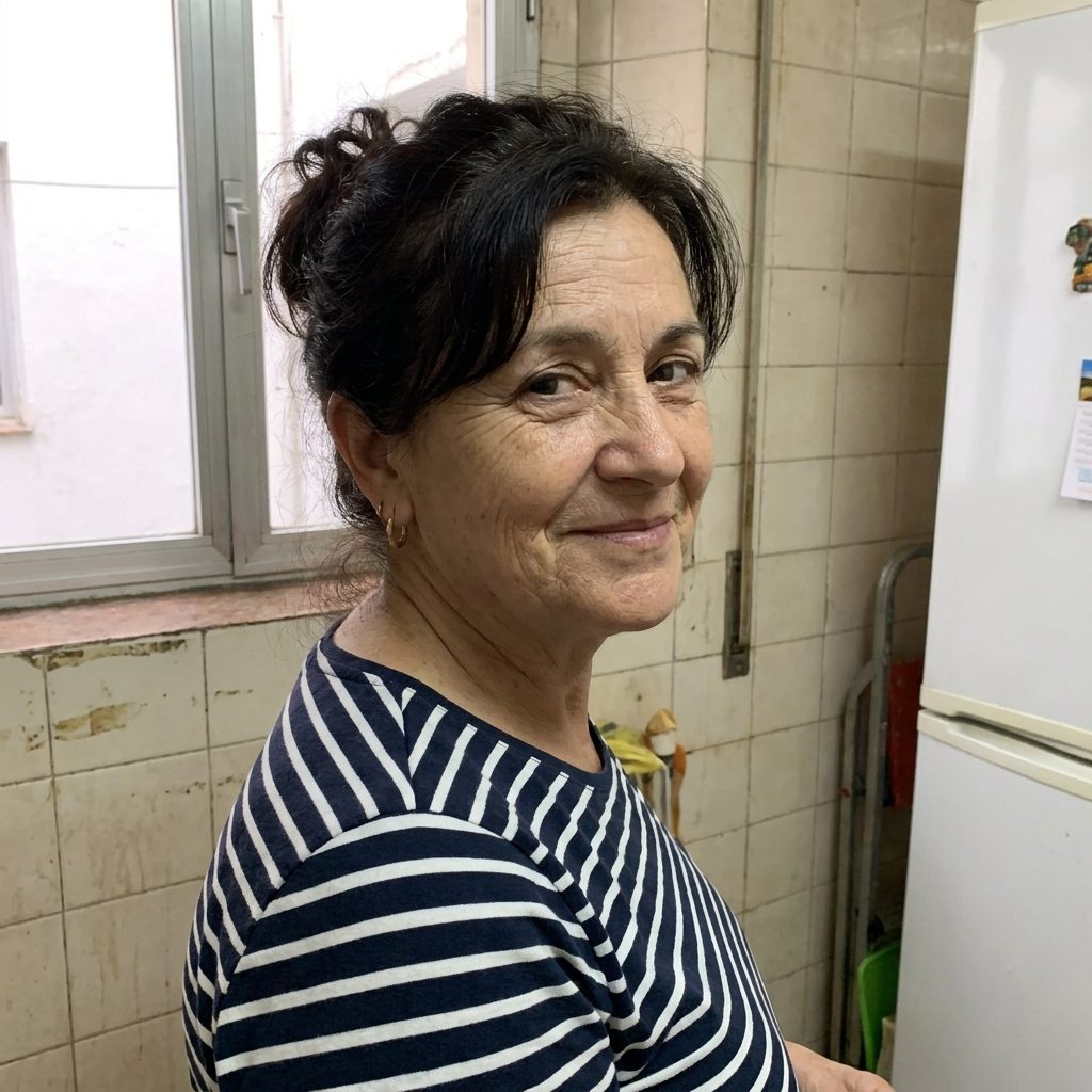 Retrato casero de una mujer de unos 52 años en la cocina de su casa