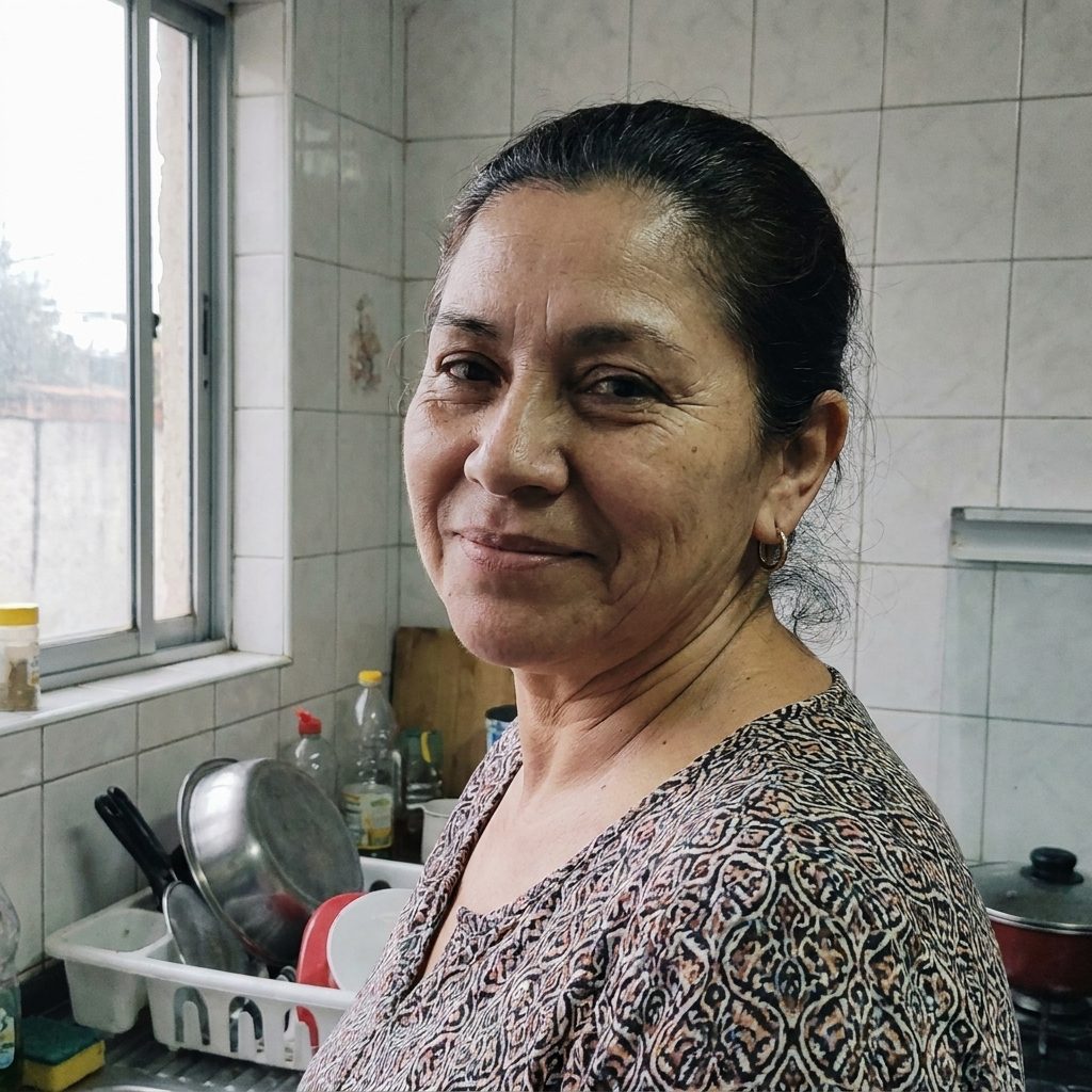 Retrato casero de una mujer de unos 52 años en la cocina de su casa