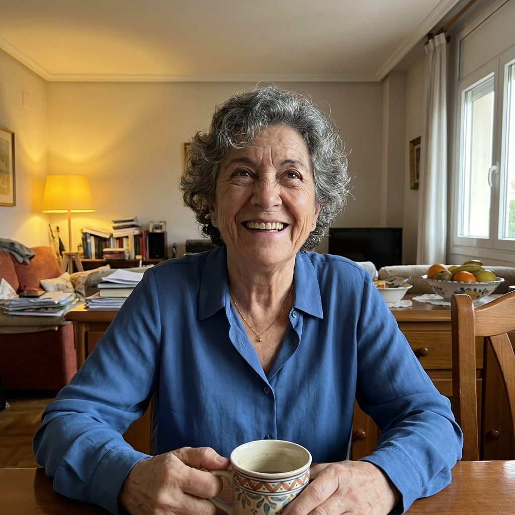 Retrato casero de una mujer de unos 64 años tomando café en su casa