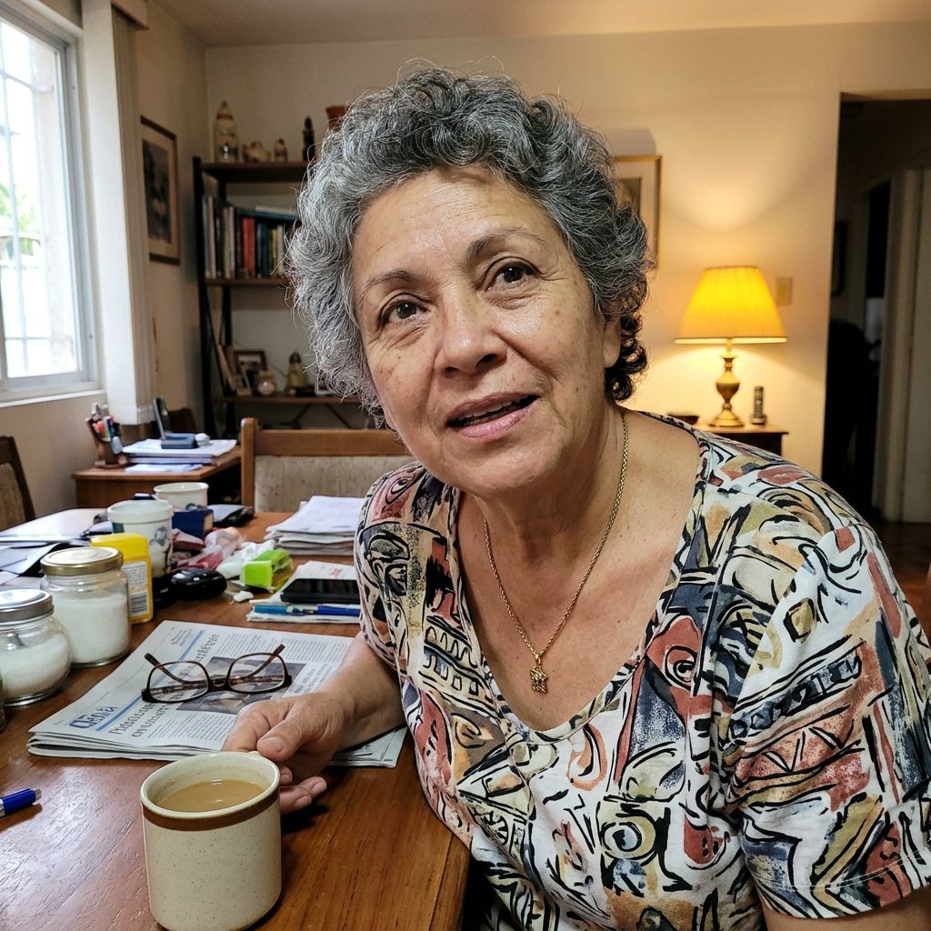 Retrato casero de una mujer de unos 64 años tomando café en su casa
