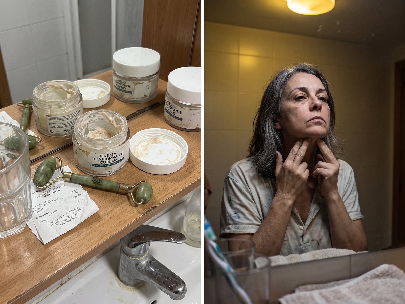 A la izquierda, cuatro tarros de crema de cuello a medio usar con los tapones quitados, un rodillo de jade y un ticket sobre la repisa del baño. A la derecha, una mujer de unos 55 años, de noche, se mira al espejo con la barbilla levantada y se estira con dos dedos la piel de debajo de la mandíbula.