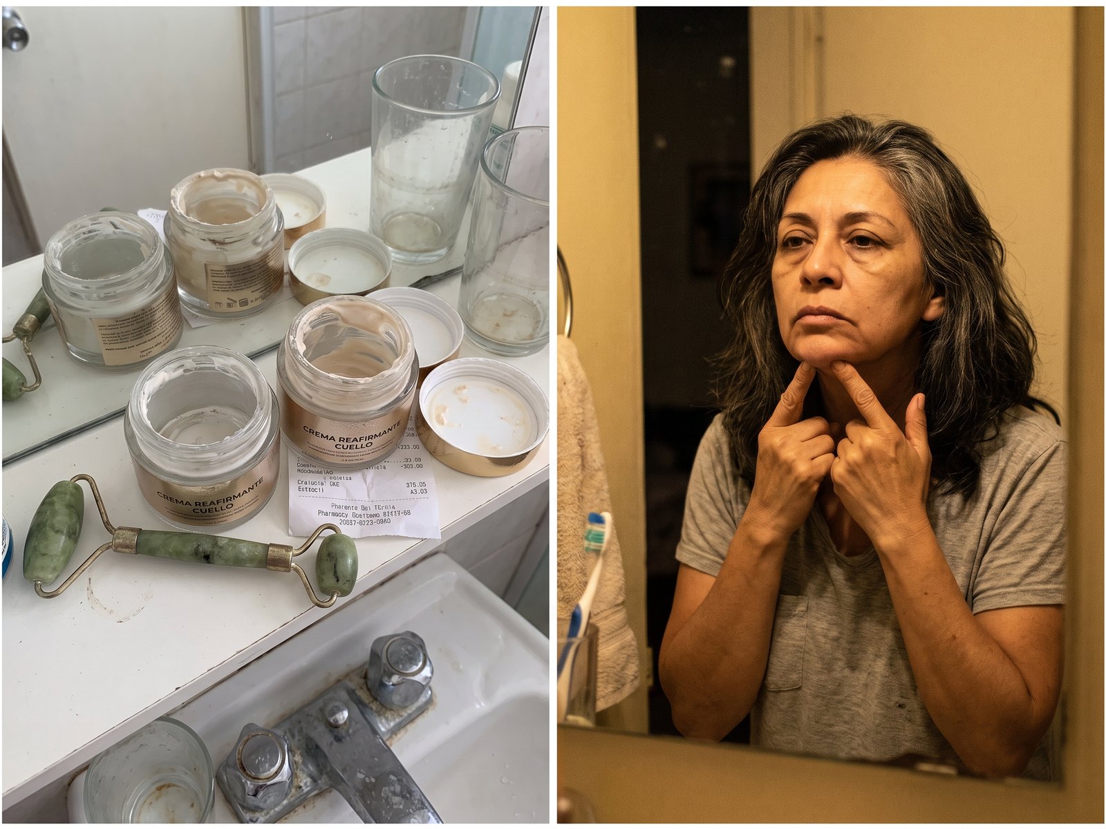 A la izquierda, cuatro frascos de crema de cuello a medio usar con los tapones quitados, un rodillo de jade y un ticket sobre la repisa del baño. A la derecha, una mujer de unos 55 años, de noche, se mira al espejo con la barbilla levantada y se estira con dos dedos la piel de debajo de la mandíbula.