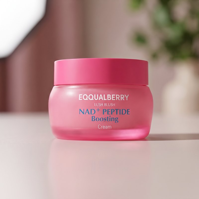 Tarro de EQQUALBERRY LUSH BLUSH NAD+ PEPTIDE Boosting Cream, de cristal rosa esmerilado con tapa rosa fuerte, sobre una superficie clara.