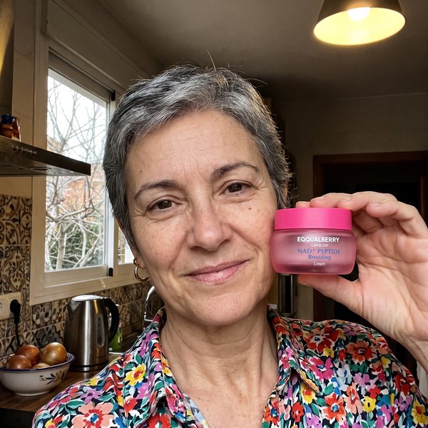 Mujer de unos 58 años en la cocina de su casa, con el pelo corto entrecano, sujetando el tarro rosa de EQQUALBERRY junto a la cara. Al fondo, azulejo, un hervidor y un frutero.