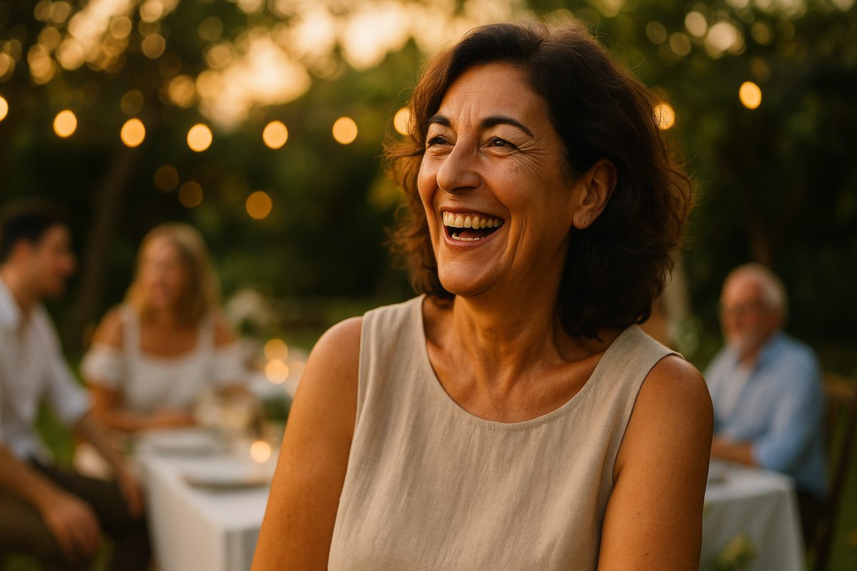 Mujer de unos 60 años sonriente y sin mangas en una celebración de verano