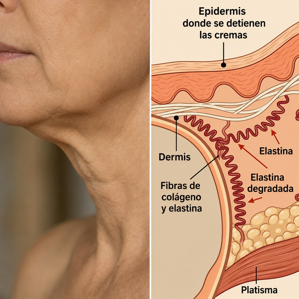 Capas de la piel del cuello: donde se detienen las cremas y dónde está la elastina degradada
